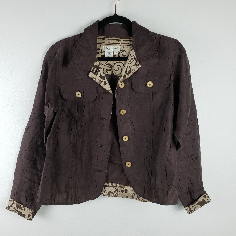 Coldwater Creek Women's XS Button Front Casual Blazer Jacket‎ Brown Crepe Boho